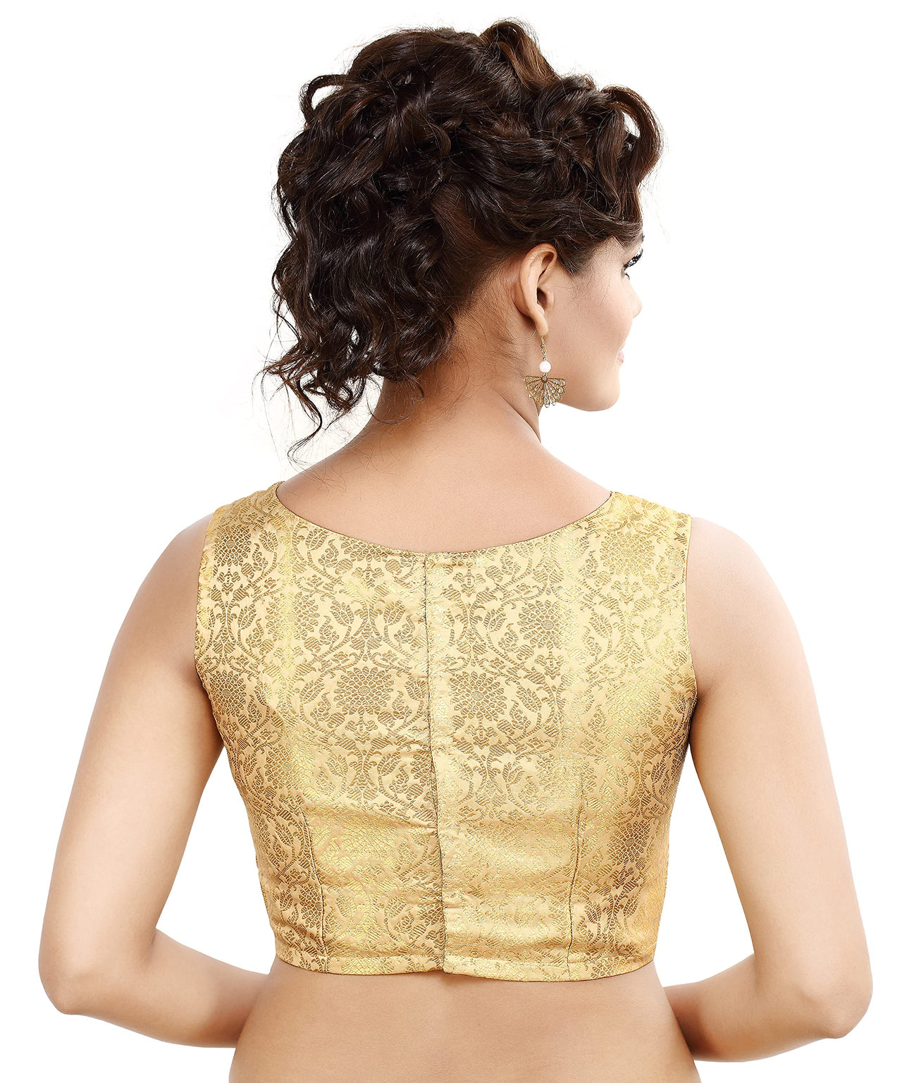 Madhu Fashion Womens Golden Banaras Brocade Sleeveless Readymade Saree Blouse