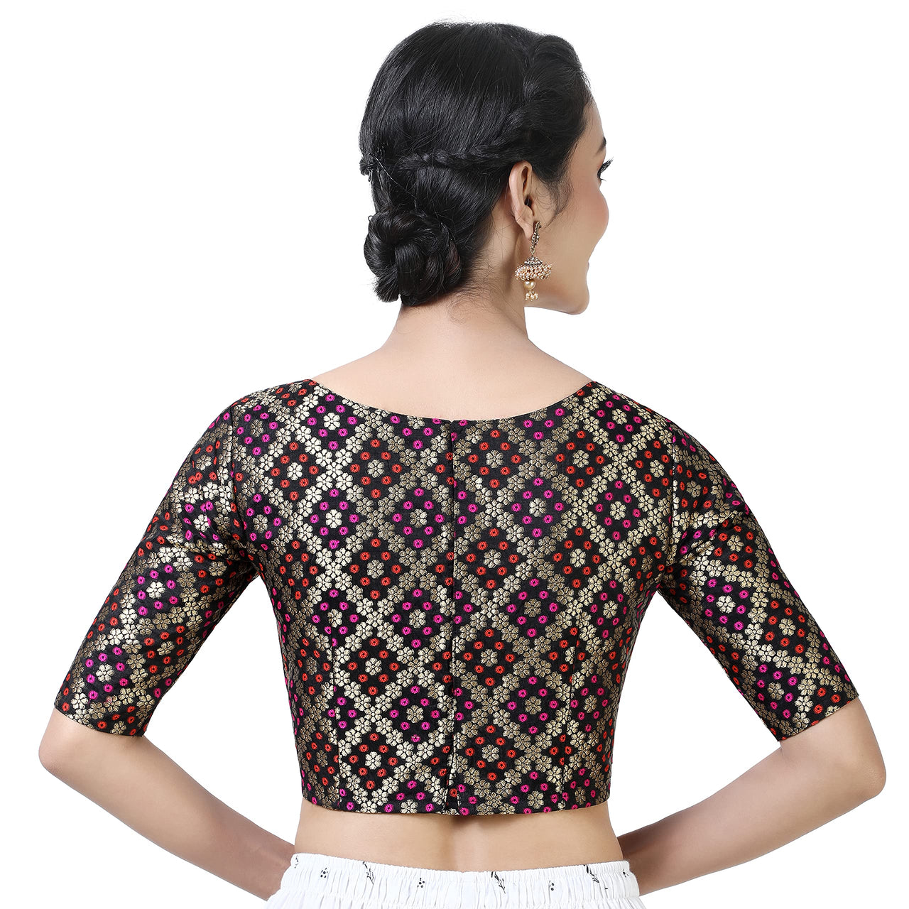 X3 Women's  Brocade Zari Weaving Elbow Length Sleeves Saree Blouse