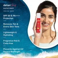 Aqualogica Detan+ Dewy Lightweight Sunscreen with SPF 50+ & PA++++ for UVA/B & Blue Light Protection | Normal, Sensitive & Dry Skin | Tan Removal & No White Cast for Men & Women - 50g| Pack of 3