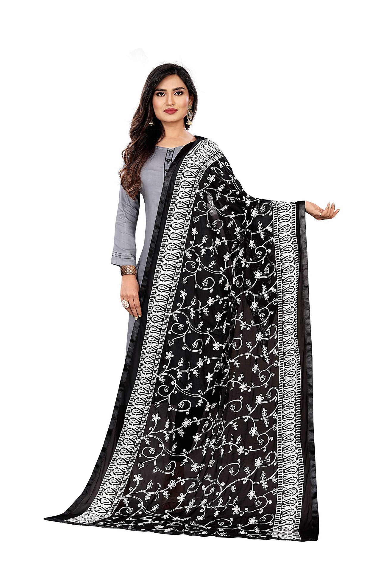 AKSHAR LLC Miss India Women's  Chiffon Dupatta With Karachi Embroidery Work
