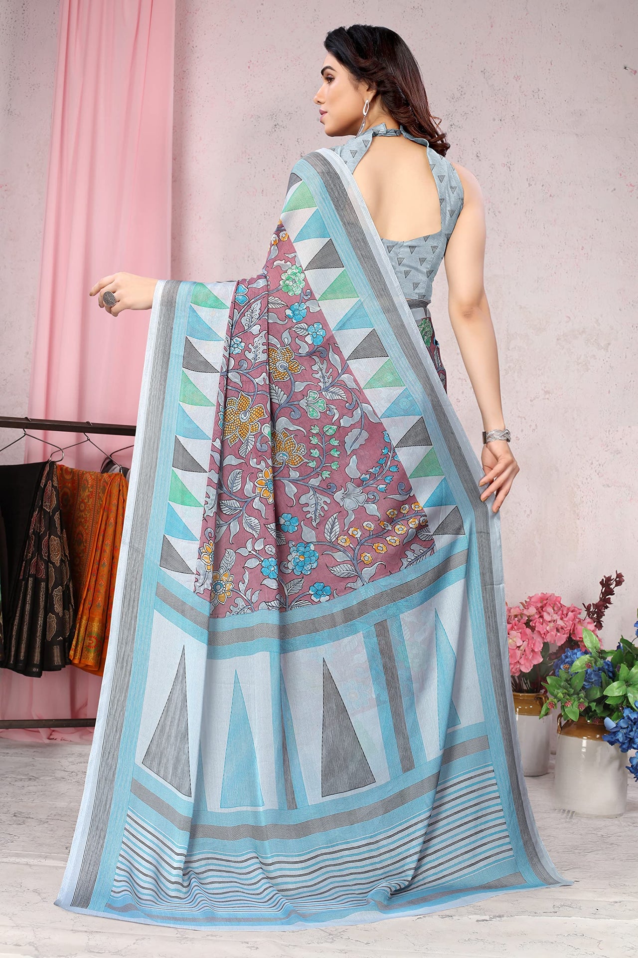 MIRCHI FASHION Women's  Stylish Chiffon Floral and Geometric Printed Saree with Blouse Piece