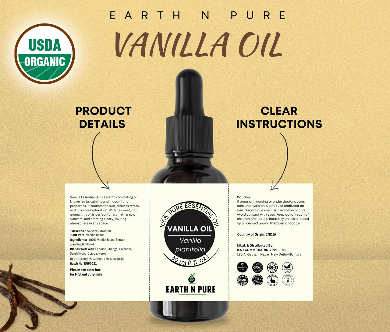 Earth N Pure Vanilla Essential Oil Natural & Therapeutic Grade 15 ML
