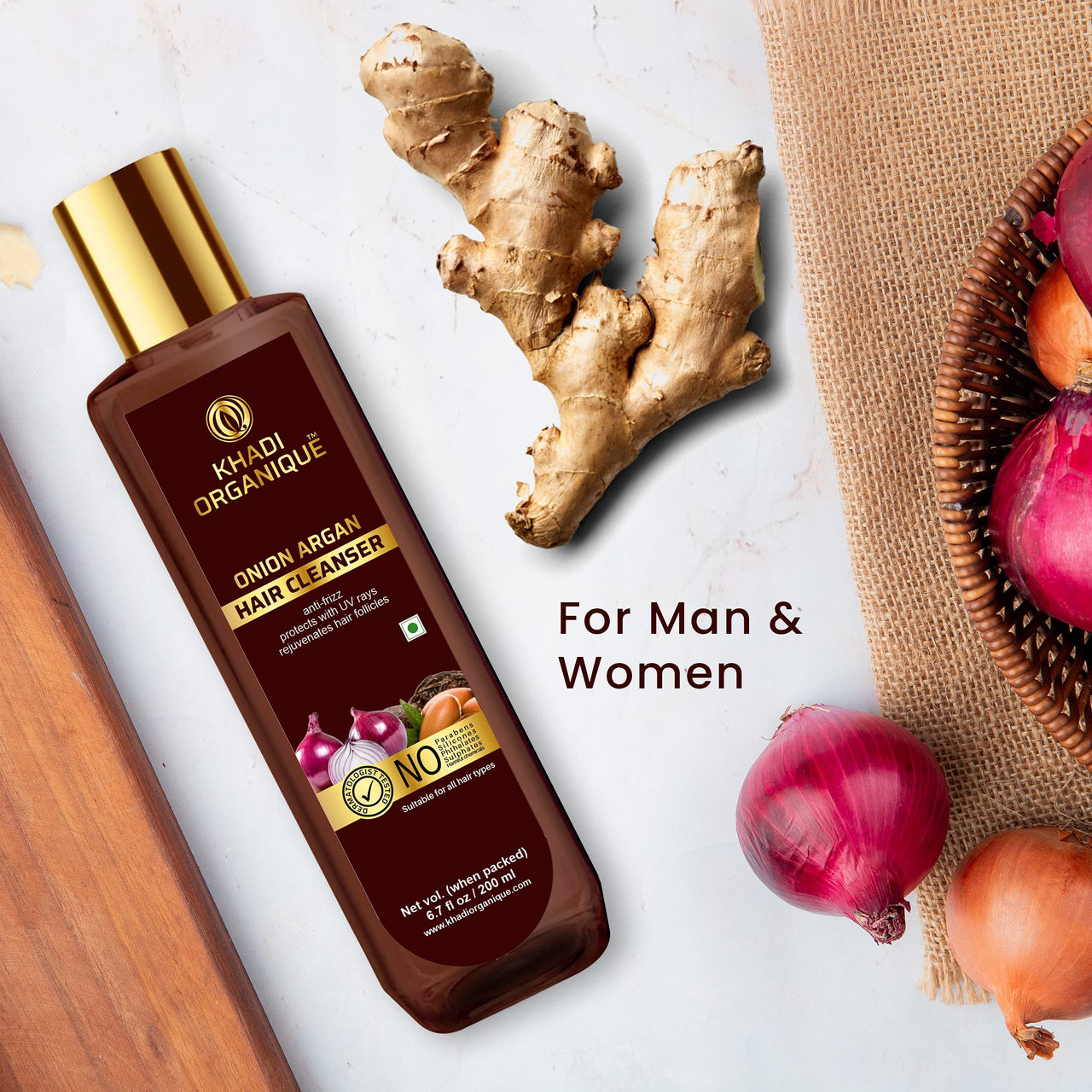 Khadi Organique Onion Argan Hair Cleanser Anti-frizz Protects With UV Rays Rejuvenates Hair Follicles 200 ML (Pack of 1)