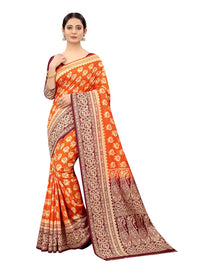 SATYAM WEAVES Women’s Daily/Party/Wedding/Casual Wear Rapier Jacquard Banarasi Cotton Silk Saree With Jacquard Designed Unstitched Blouse Piece