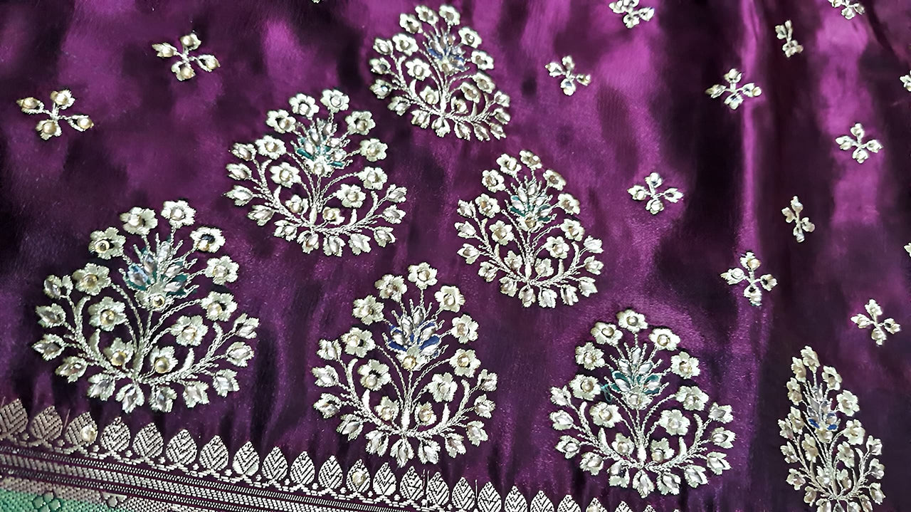 Shravanya Women's  Banarasi Silk Saree with Designer Embroidery and Stone Work with Jacquard Pallu, Border and Plain Unstitched Blouse Piece