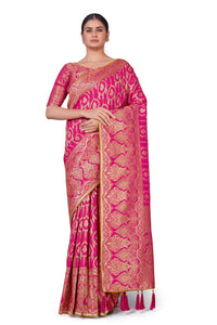 Monjolika Fashion Women's  Banarasi Silk Peach Color Golden Zari Woven Saree With Separate Embellished And Unsttiched Blouse Piece