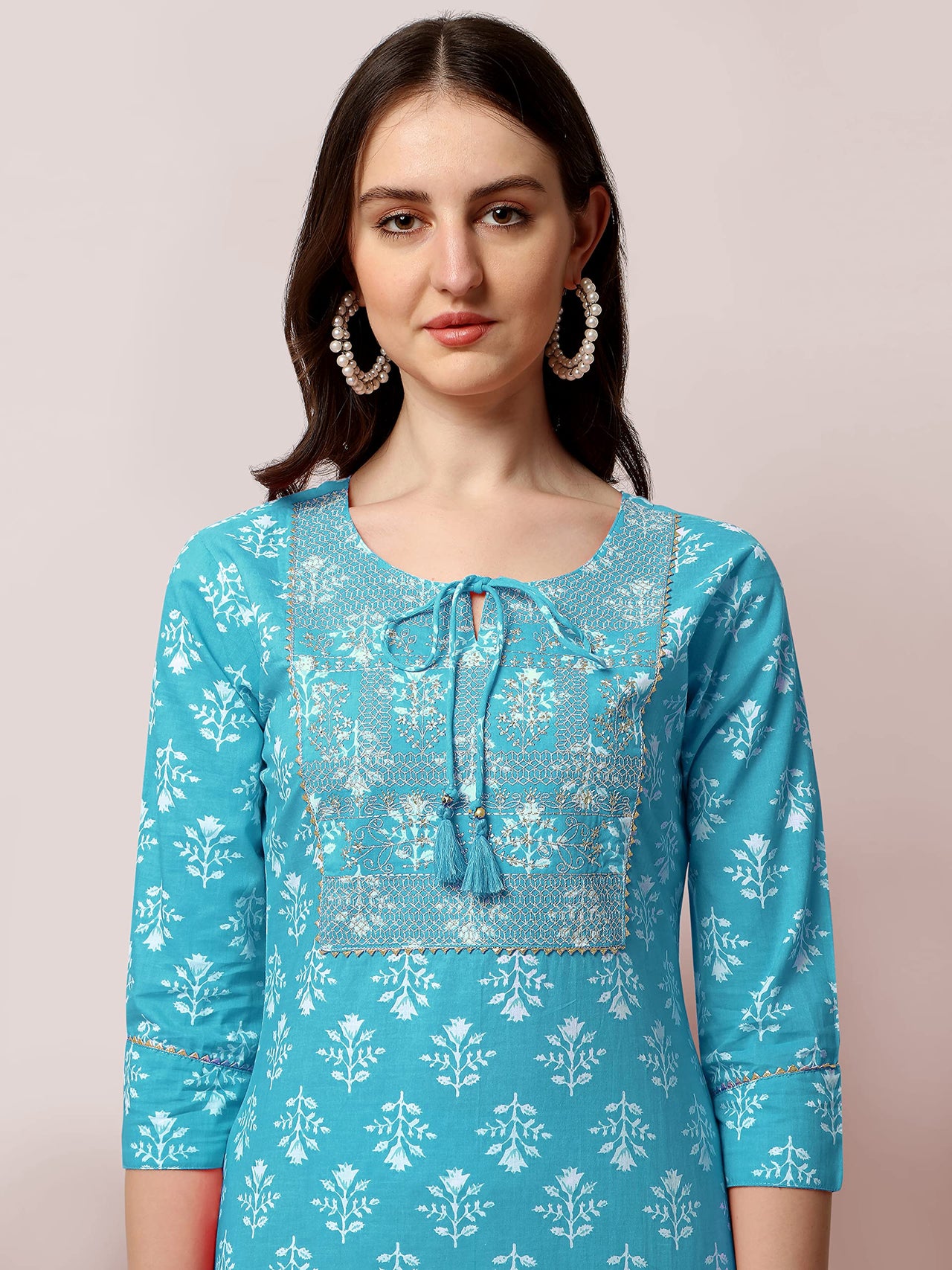 SOURBH Women's  Stylish Straight Fit Cotton Ethnic Block Motif Printed Kurta Set with Trouser Pant and Dupatta