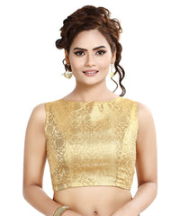 Madhu Fashion Womens Golden Banaras Brocade Sleeveless Readymade Saree Blouse