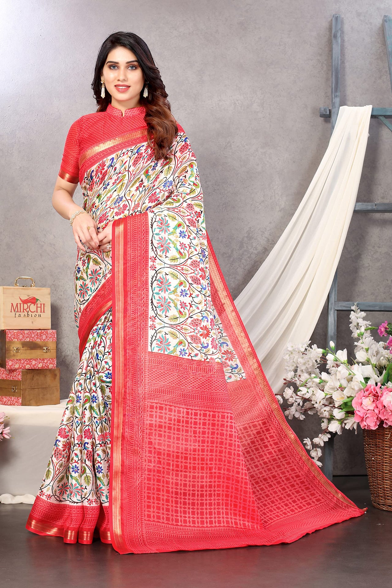 MIRCHI FASHION Women's  Fancy Penny Cotton Blend Kalamkari Printed Saree with Blouse Piece