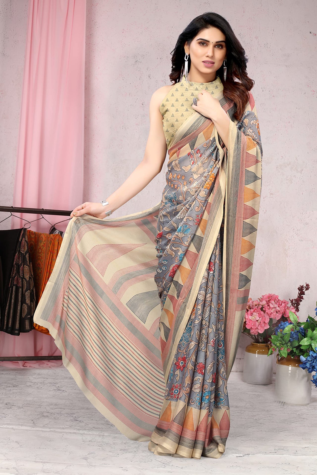 MIRCHI FASHION Women's  Stylish Chiffon Floral and Geometric Printed Saree with Blouse Piece