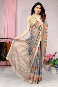 MIRCHI FASHION Women's  Stylish Chiffon Floral and Geometric Printed Saree with Blouse Piece