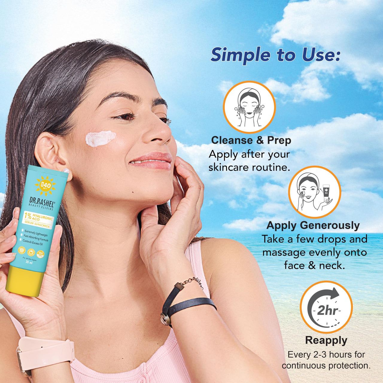 DR.RASHEL Hyaluronic Acid Serum Sunscreen, SPF 40, Fast-Absorbing, Oil Control, 30ml