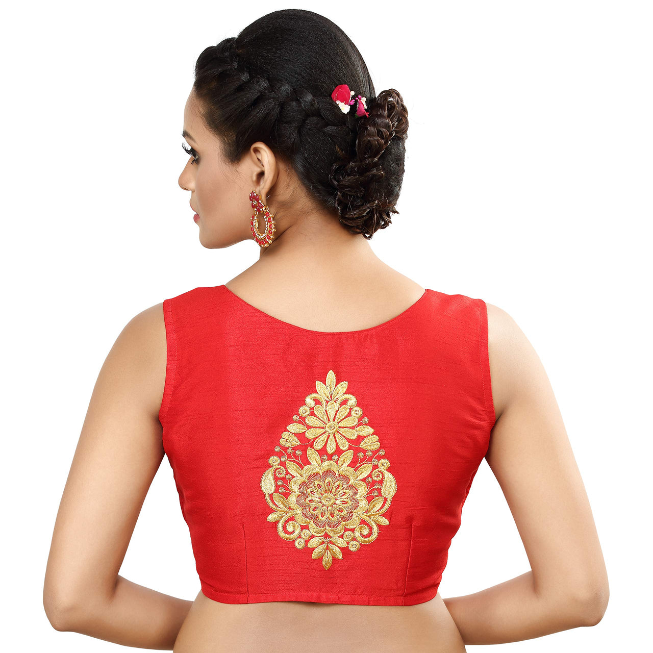 Madhu Fashion Womens Poly Raw Silk Embroidered Sleeveless Readymade Saree