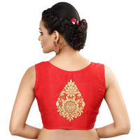 Madhu Fashion Womens Poly Raw Silk Embroidered Sleeveless Readymade Saree