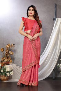 MIRCHI FASHION Women's  Stylish Lycra Foil Printed Design with Zari Woven Lace Work Saree with Blouse Piece