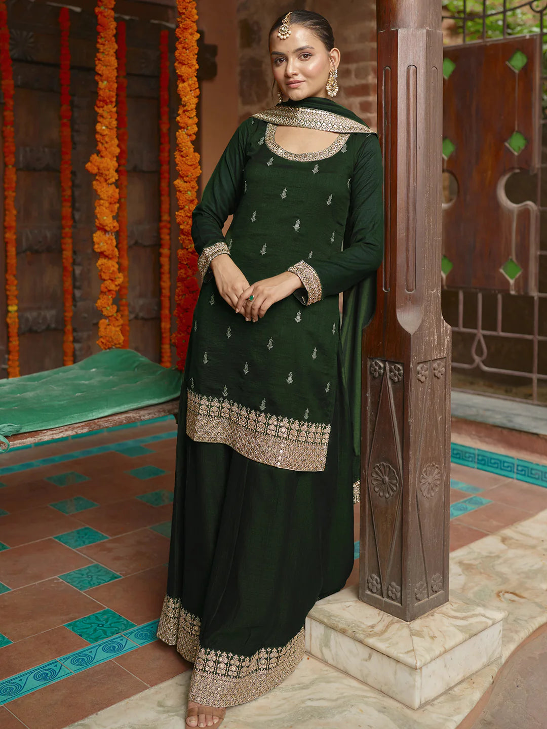 Green Embroidered Silk Blend Straight Suit with Dupatta