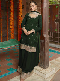 Green Embroidered Silk Blend Straight Suit with Dupatta