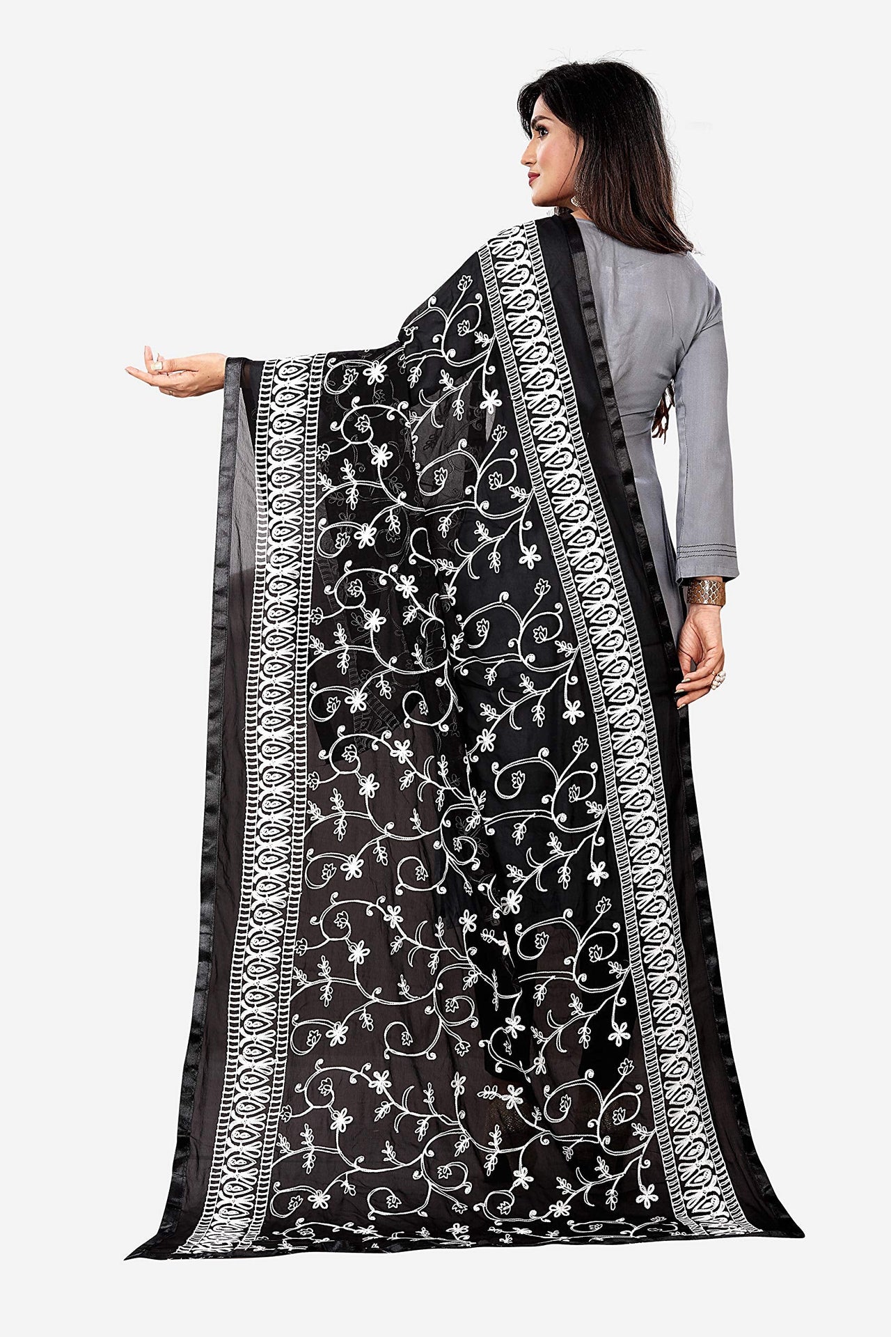 AKSHAR LLC Miss India Women's  Chiffon Dupatta With Karachi Embroidery Work