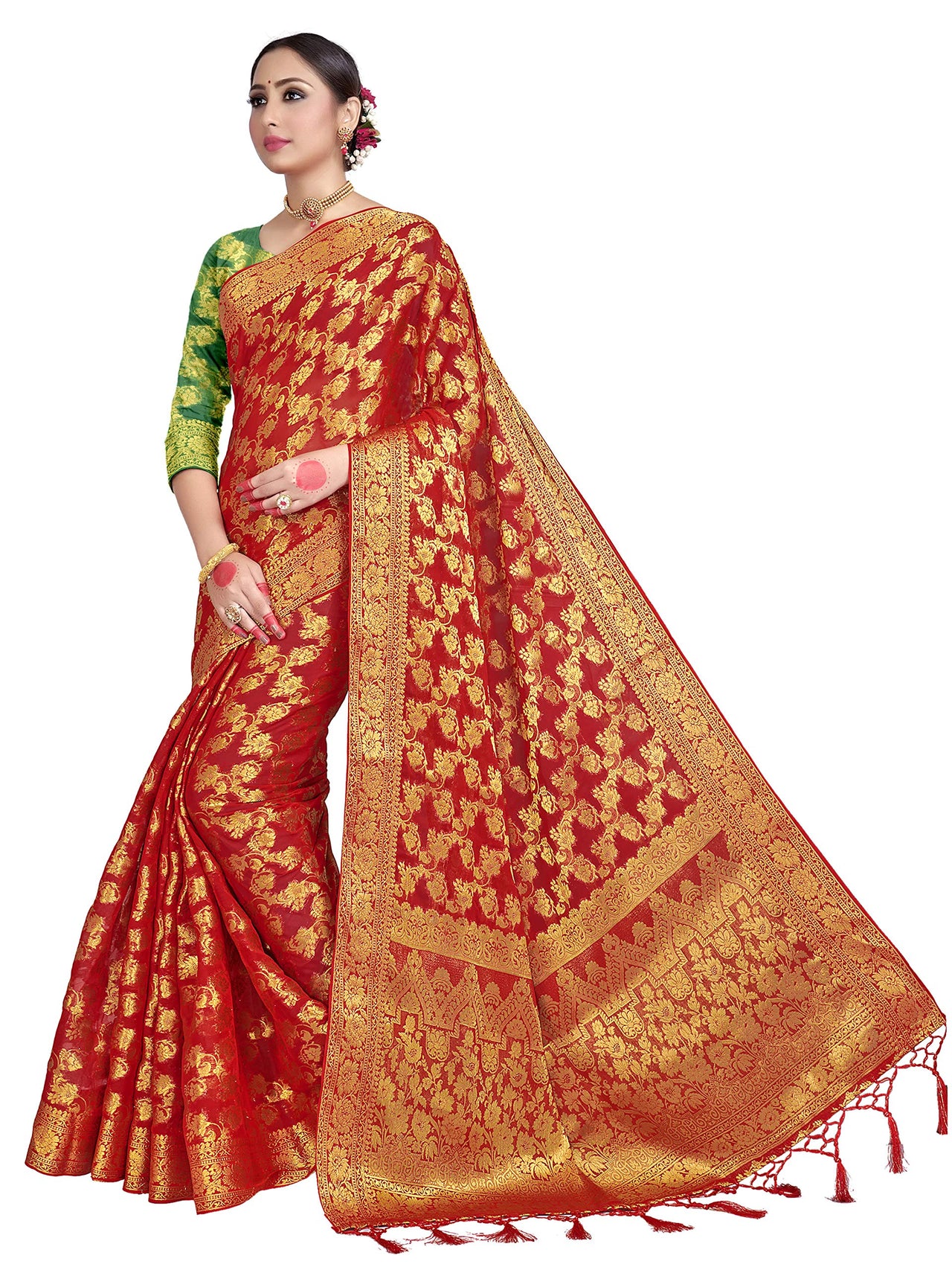 Vardha Women's  Chiffon Silk Saree with Unstitched Blouse Piece - Zari Woven Work Sarees for Wedding