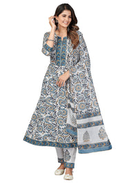 Vbuyz Women's  Printed & Sequience & Gota Patti Anarkali Cotton Blend Blue Stitched Kurta Pant with Dupatta