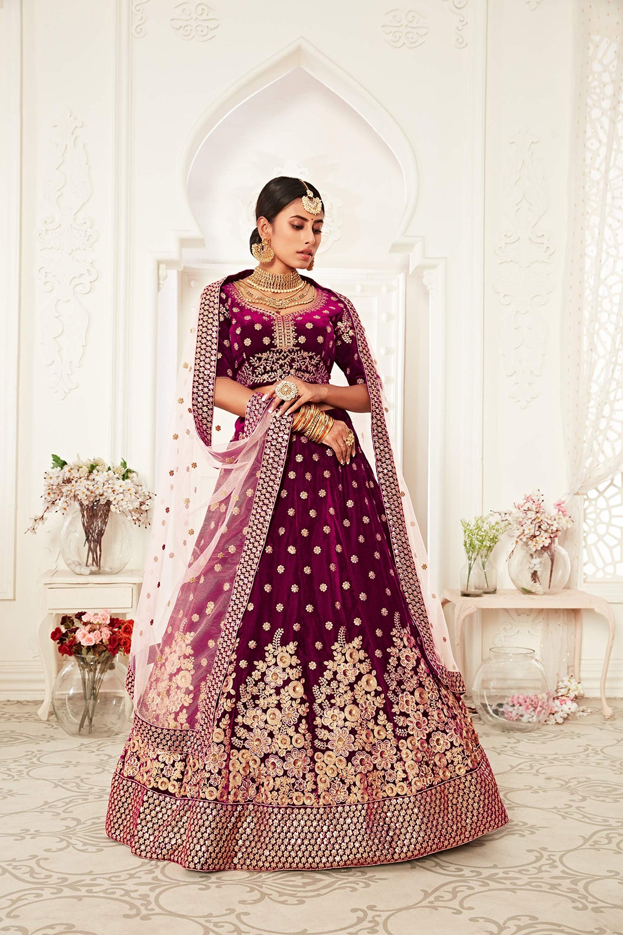 Zeel Clothing Women's  Velvet Semi stitched Lehenga