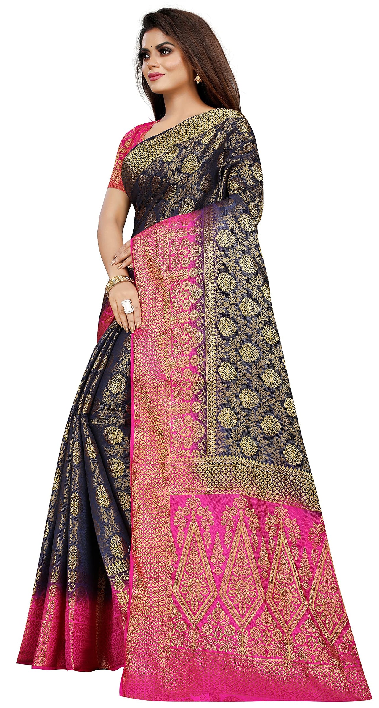 iZibra Women's  Pure Kanjivaram Silk Sraee Kanchipuram Pattu Sarees With Blouse Piece