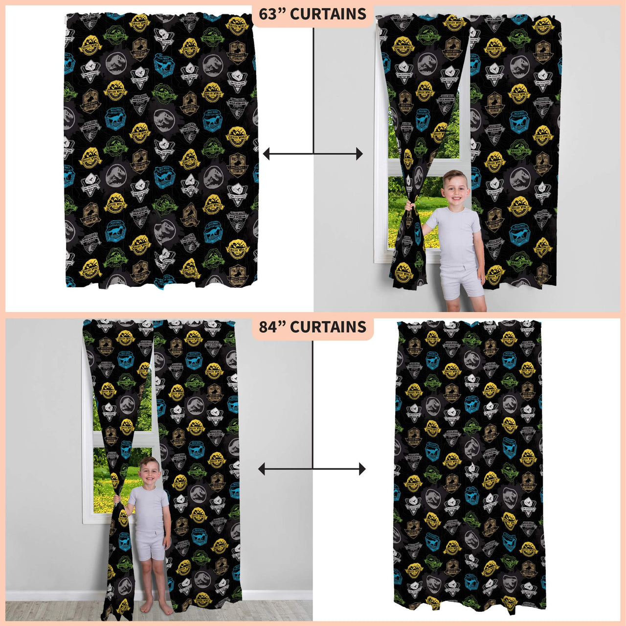 Franco Kids Room Window Curtains Drapes Set, 82 in x 63 in, Jurassic World