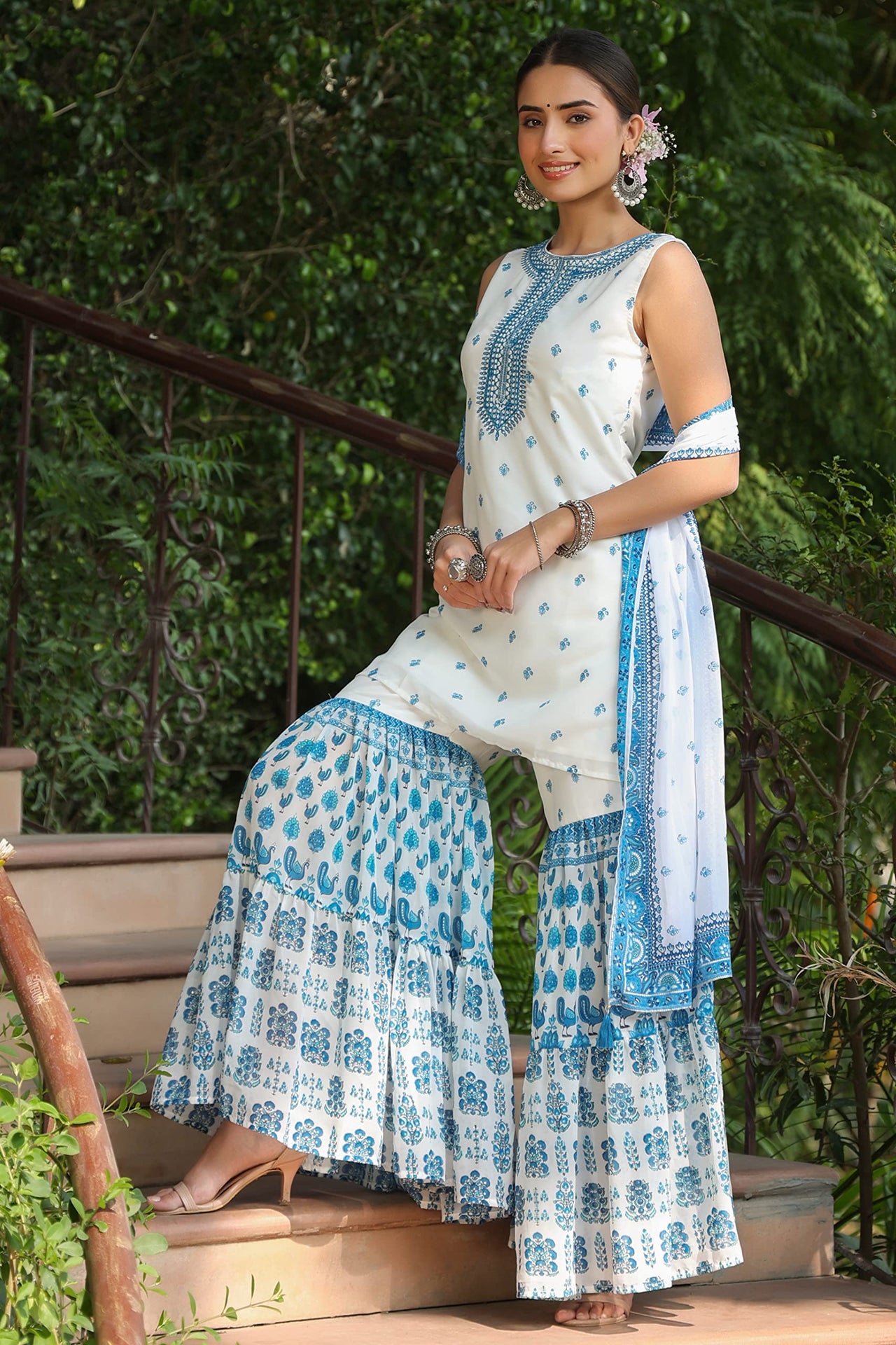 Juniper Blue Georgette Printed Straight Kurta Sharara Dupatta Set