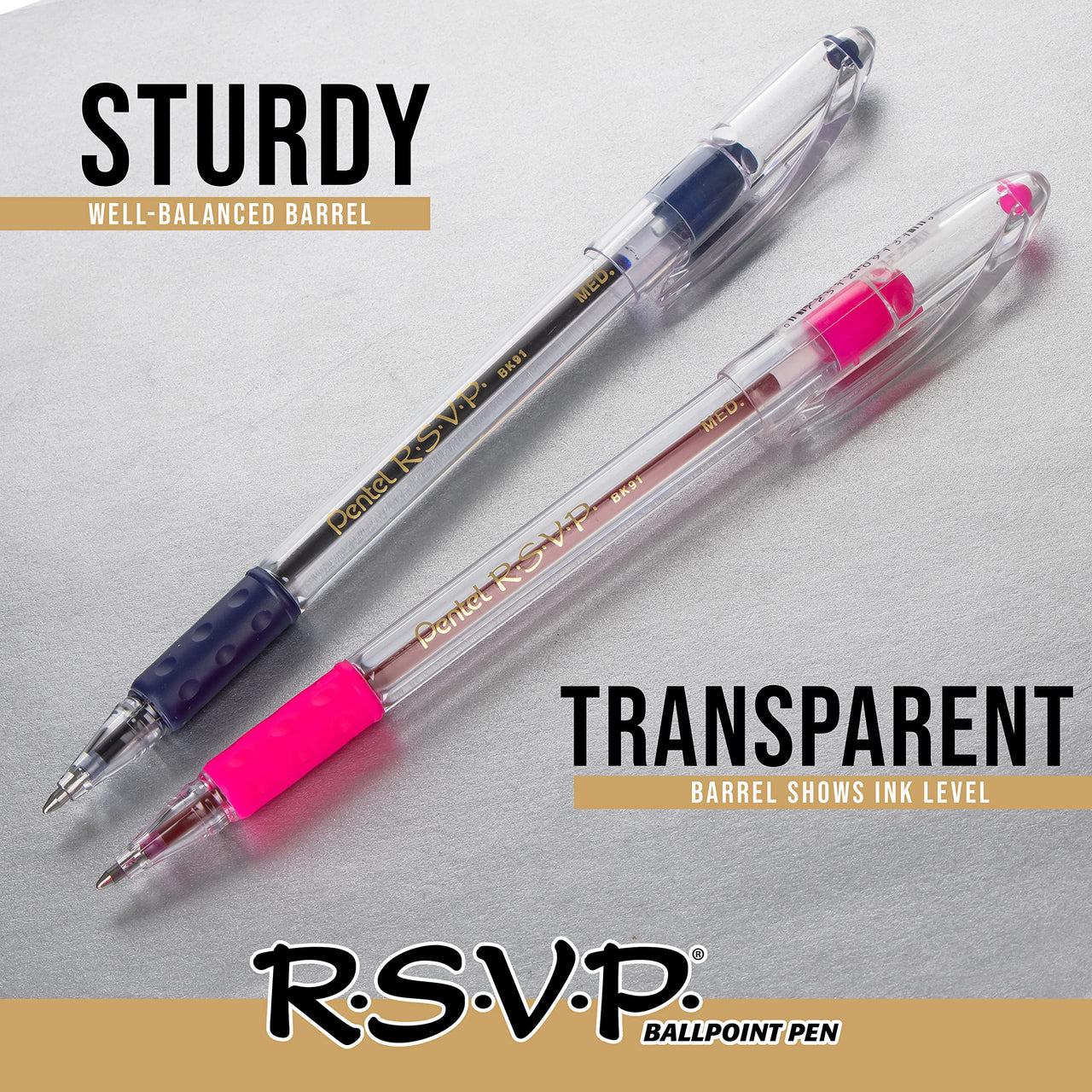 Pentel(R) R.S.V.P.(R) Ballpoint Pens, 1.0 mm, Medium Point, Clear Barrel, Black Ink, Pack Of 12, BK91-A 12 Count (Pack of 1)