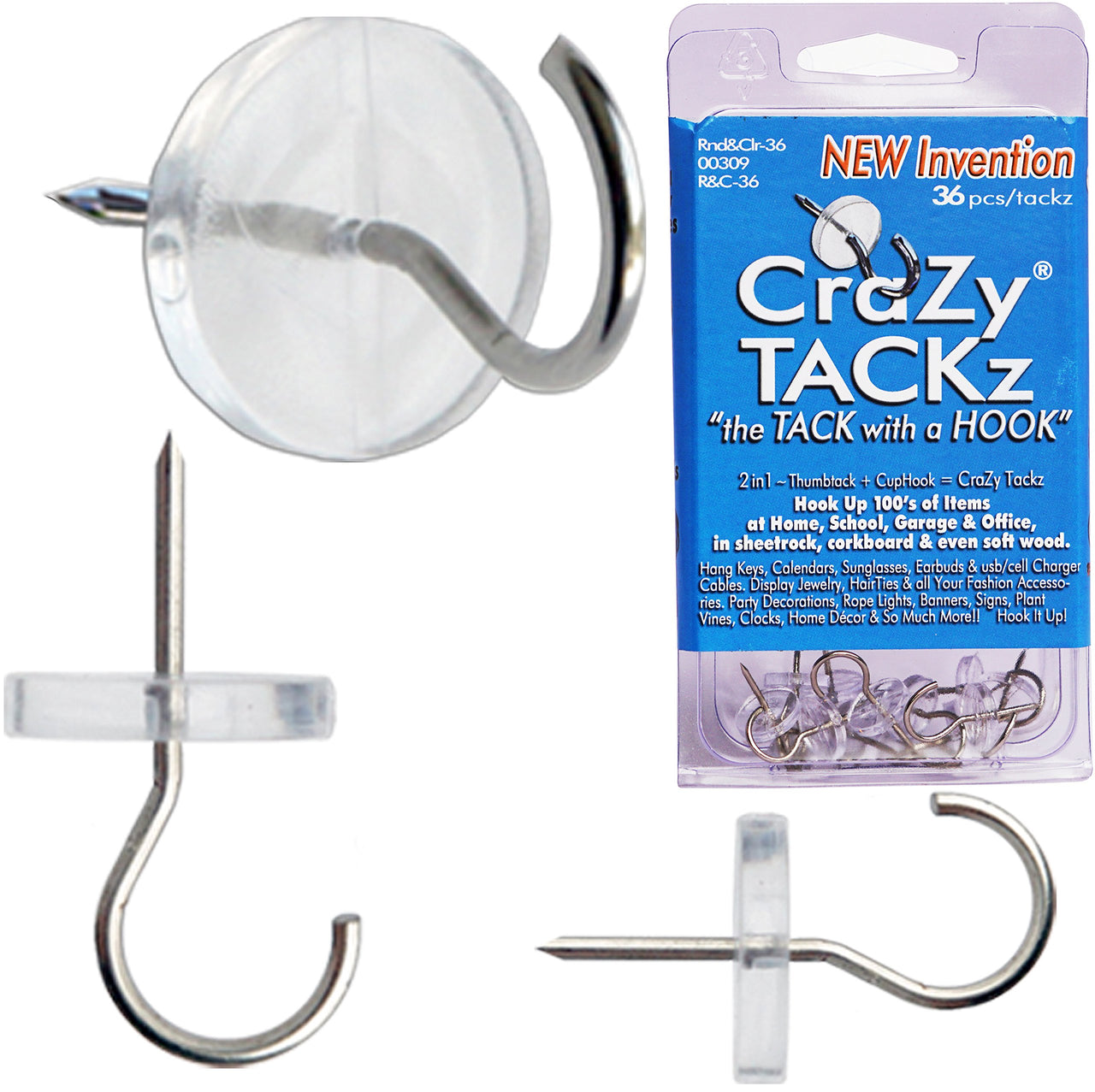 36 Tacks - 2 in 1: Push pin Hook tack - New Invention Hang 100's  of Items Interior or Exterior Decor at Home, School, Office, DIY, for Party or Holiday (Clear, 36pc) 36pc-clear Specialty