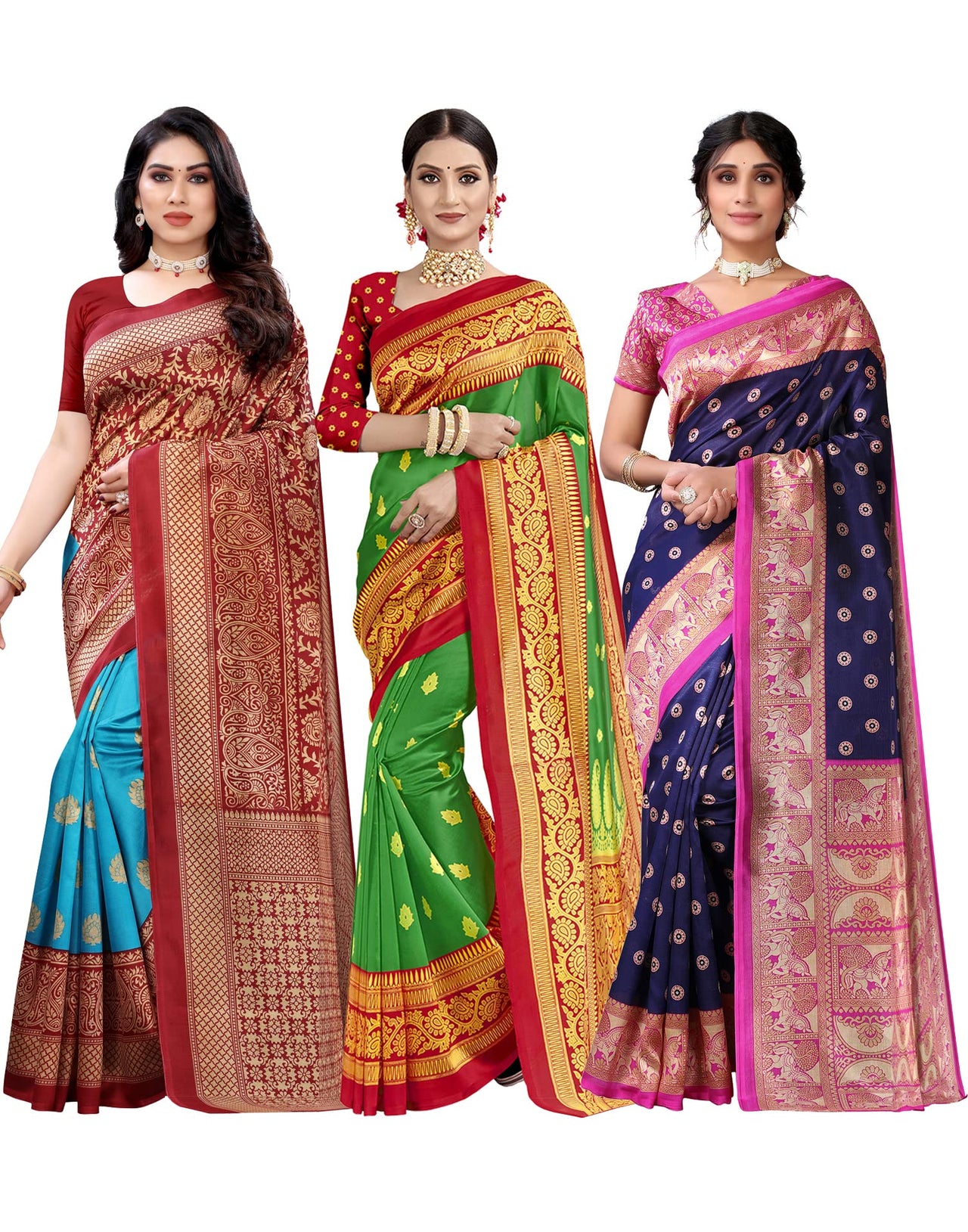 SIRIL Women's Poly Silk Saree Combo Pack Of 3 With Unstitched Blouse Piece