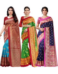 SIRIL Women's Poly Silk Saree Combo Pack Of 3 With Unstitched Blouse Piece