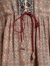 rangita Women Rayon Peach Printed Calf Length Anarkali Tiered Kurti with Contrats Printed Placket