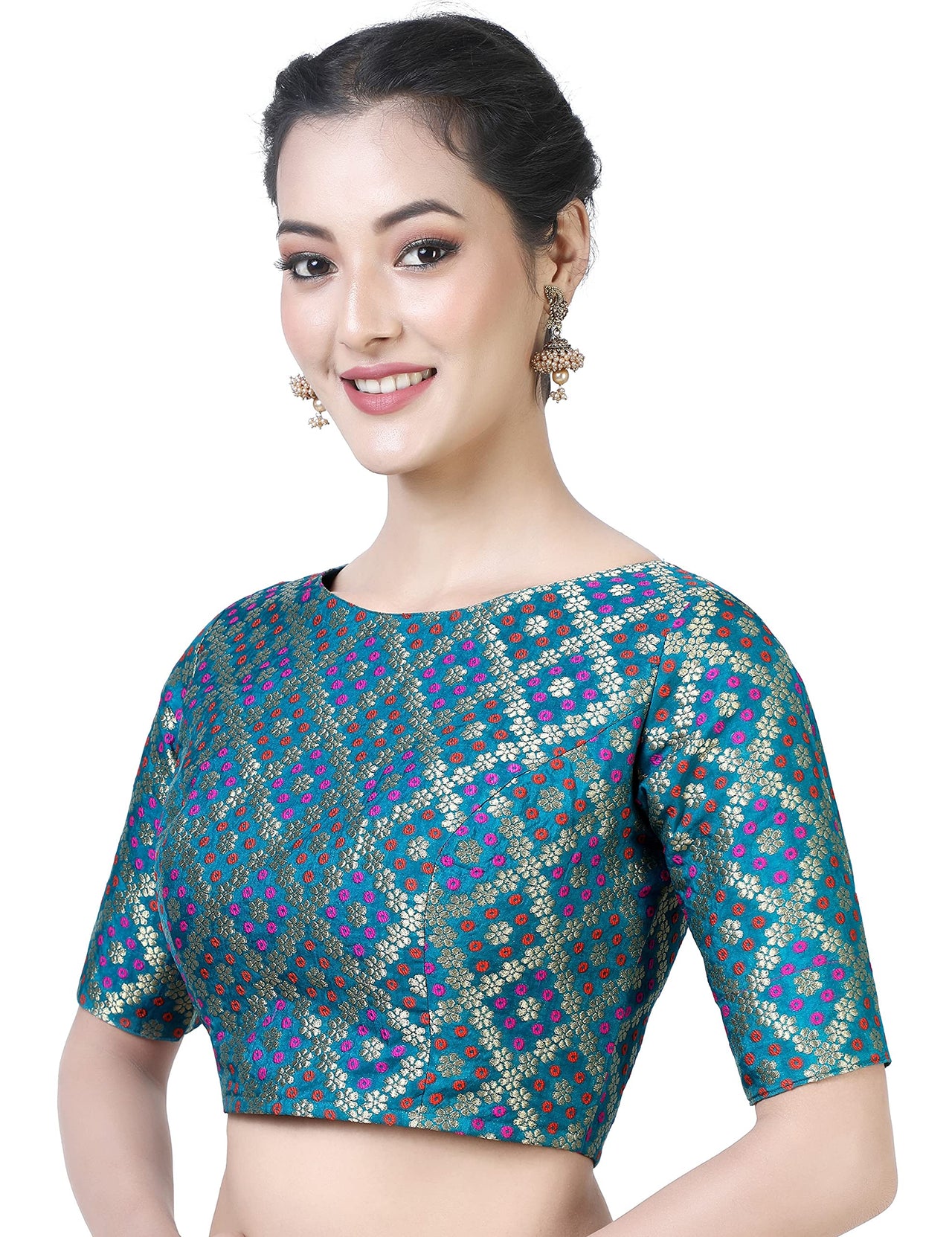 X3 Women's  Brocade Zari Weaving Elbow Length Sleeves Saree Blouse