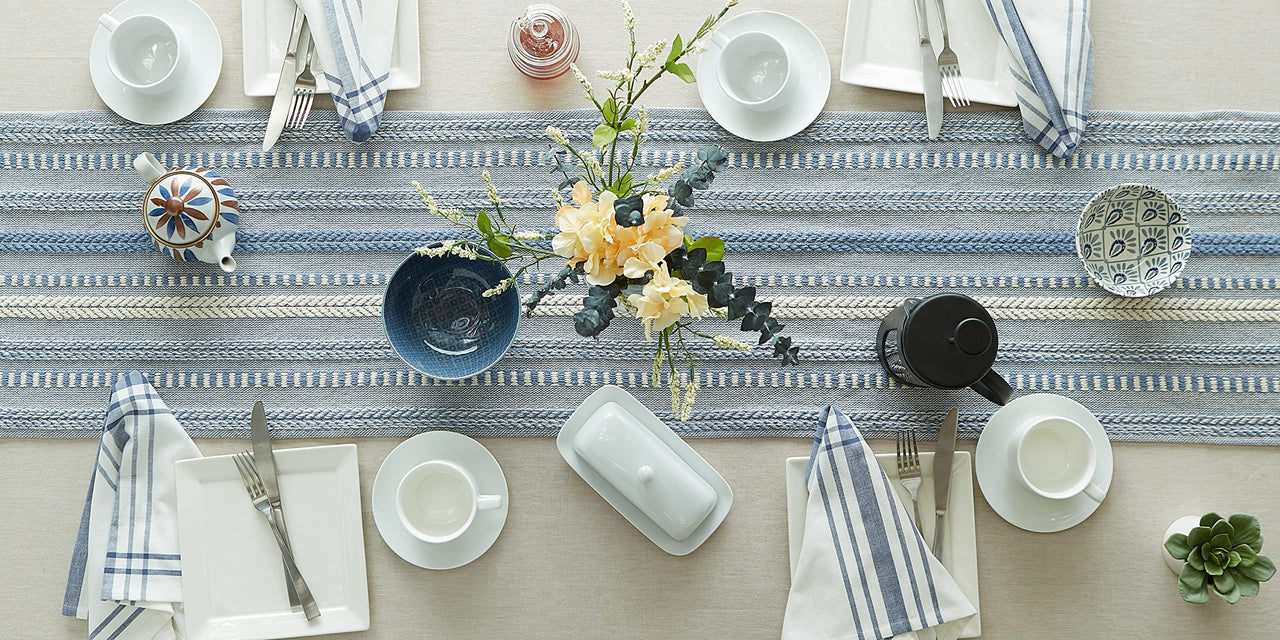 DII Farmhouse Braided Stripe Table Runner Collection, 15x72 (15x77, Fringe Included), Stonewash Blue 15x72" (15x77", Fringe Included) Striped