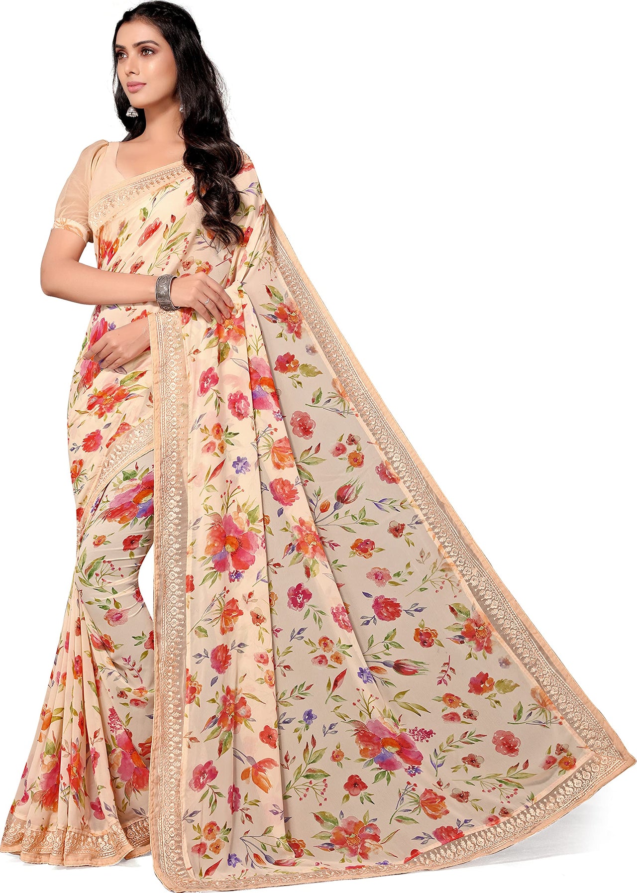 Shangrila Designer Digital Pastel Prints Weightless Georgette Saree With Blouse Piece
