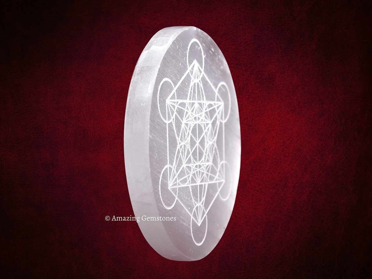 Selenite Crystal Charging Plate For Crystals And Healing Stones, 4.5" Selenite Crystal Plate Engraved Metatron Cube Coaster For Home Office Table Decor (Selenite Round Disc)