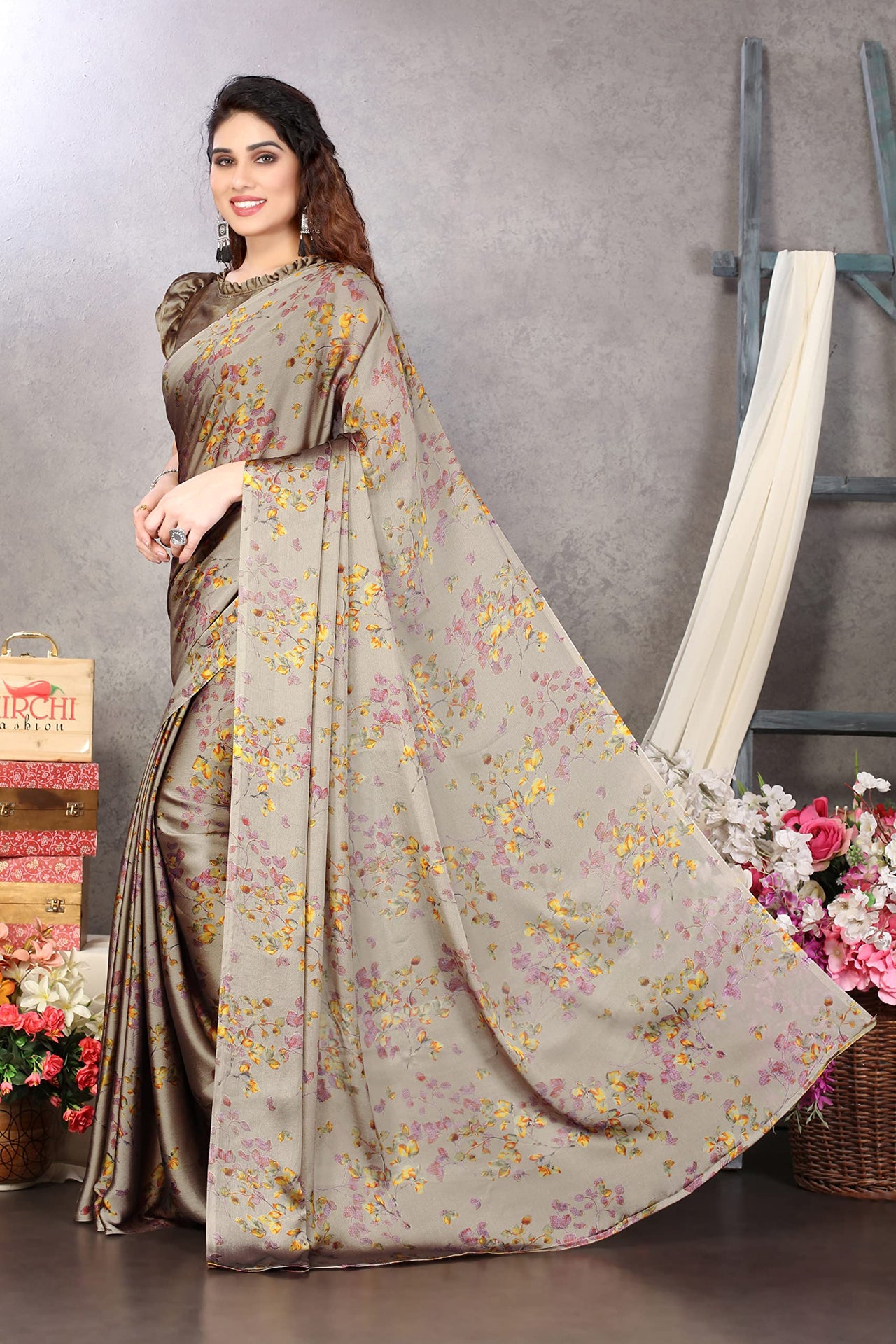 MIRCHI FASHION Women's  Stylish Chiffon Floral Printed Saree with Blouse Piece