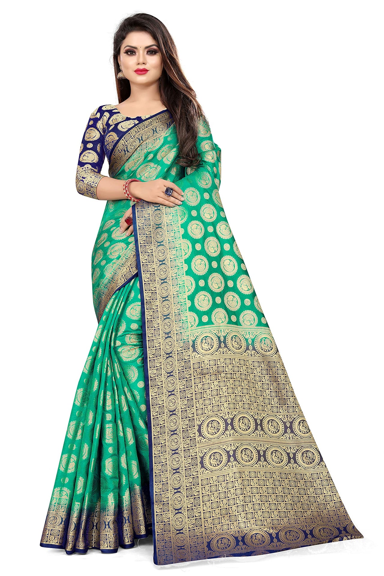 SATYAM WEAVES Women’s Daily/Party/Wedding/Casual Wear Rapier Jacquard Banarasi Cotton Silk Saree With Jacquard Designed Unstitched Blouse Piece