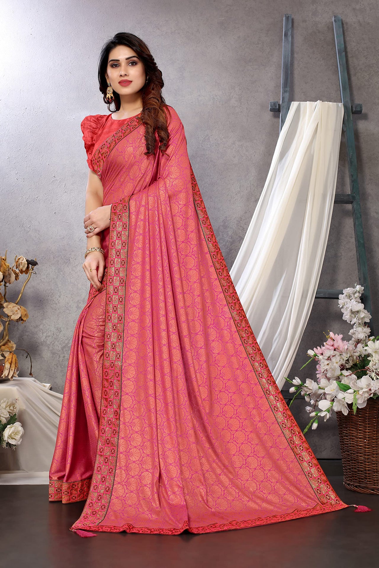 MIRCHI FASHION Women's  Stylish Lycra Foil Printed Design with Zari Woven Lace Work Saree with Blouse Piece