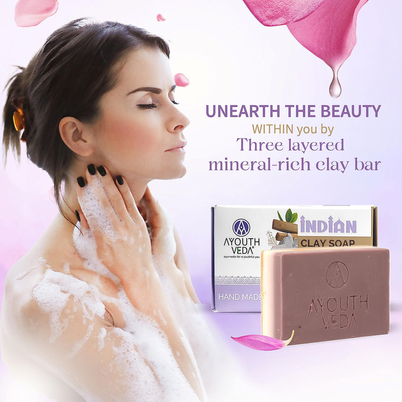 Ayouthveda Handmade Indian Clay Soap | Nourishes Protects & Hydrates Skin | A Three Layered Mineral Rich Clay Bar| Daily use Bar for Both Men & Women (Pack Of 3-110g each)
