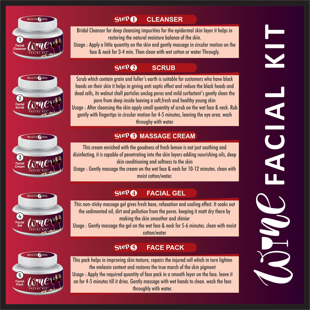 Beauty Feel Professional Red Wine Facial Kit For Facial, Cleanser + Scrub + Massage Cream + Facial Gel + Face Pack [Set of 5] 180 gm