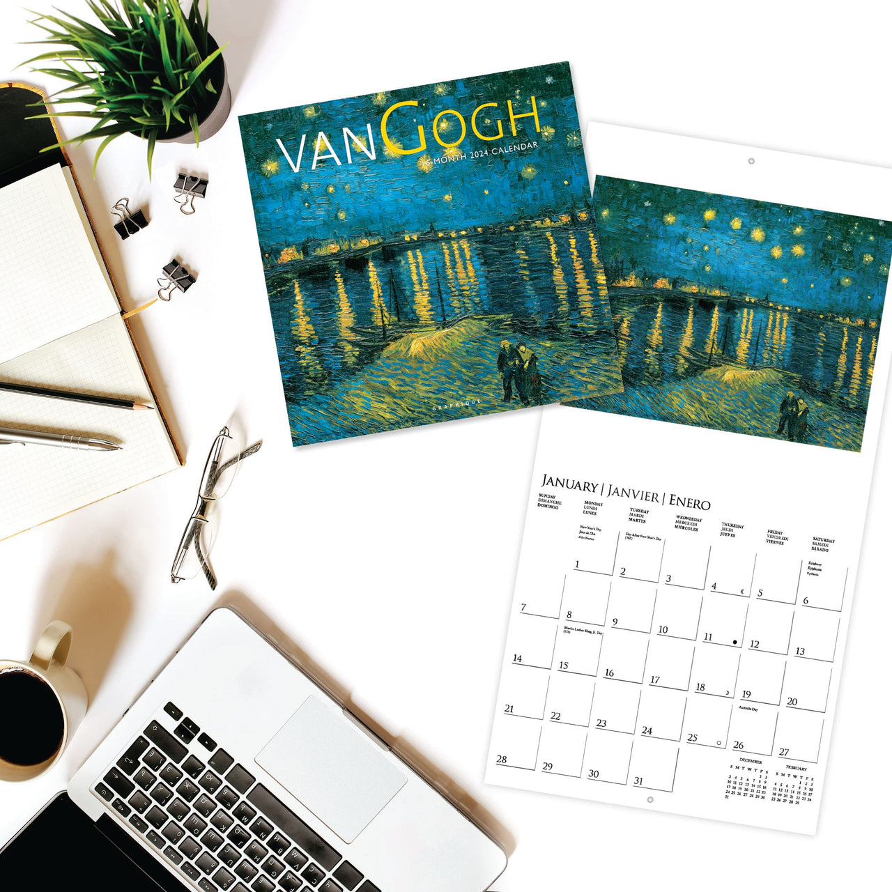 Graphique 2024 Van Gogh Wall Calendar | 12” x 12” | Thick Paper | Home & Office Organizer | Large Monthly Grid | 3 Languages & Marked Holidays | 4 Month Preview Page for 2025