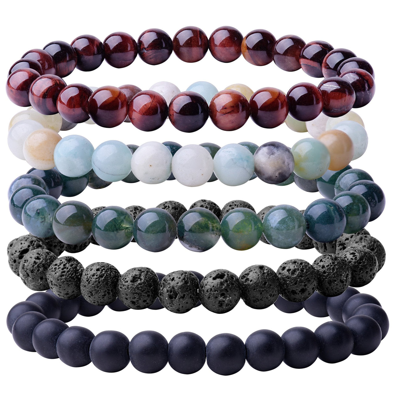 WRCXSTONE Natural 8mm Gorgeous Semi-Precious Gemstones Healing Crystal Stretch Beaded Bracelet Unisex 5 Pieces A Set (5 Colors)