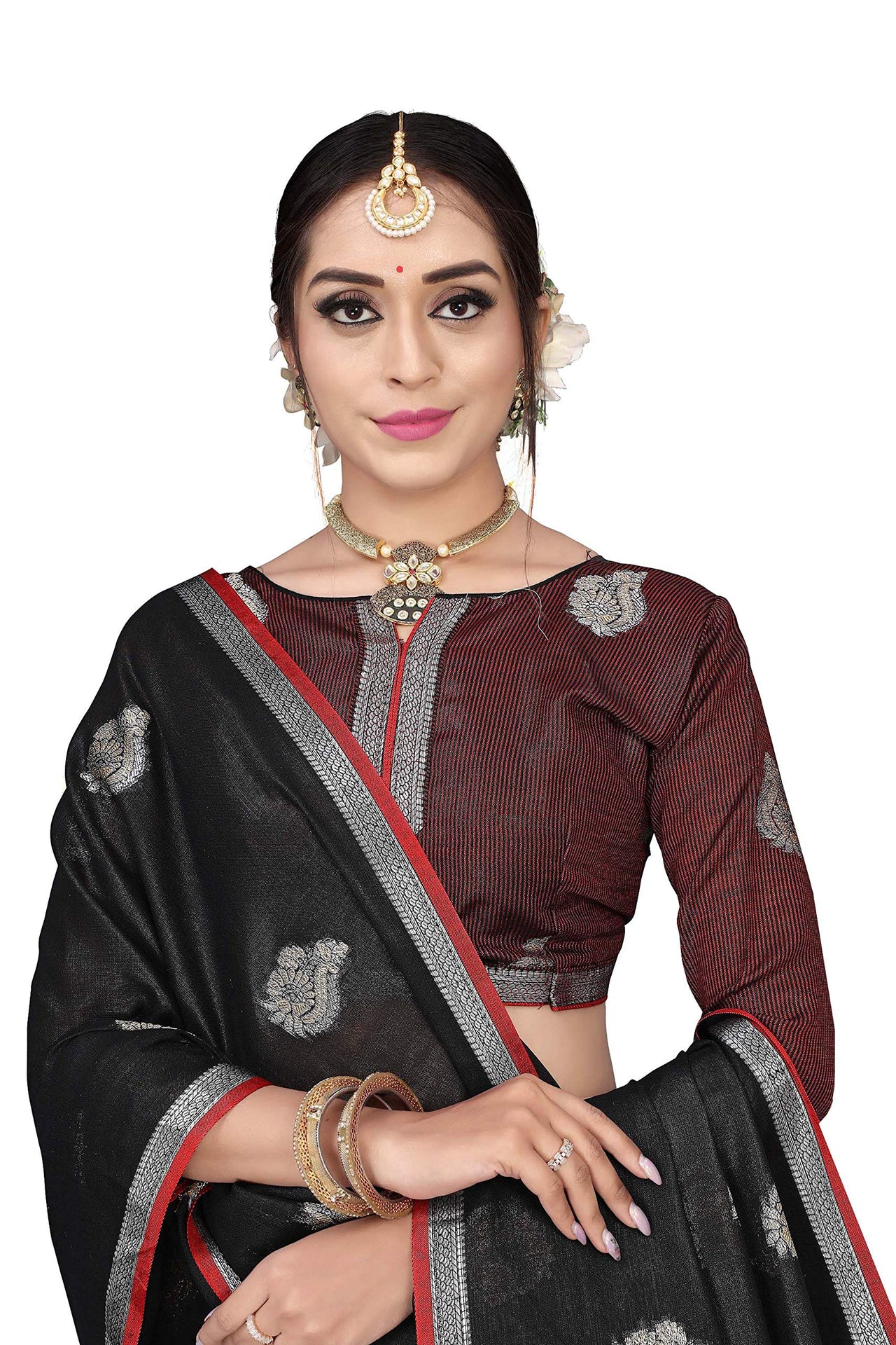 RANI SAAHIBA Women's  Poly Cotton Linen Butti Woven Saree with Blouse Piece