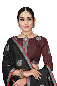 RANI SAAHIBA Women's  Poly Cotton Linen Butti Woven Saree with Blouse Piece