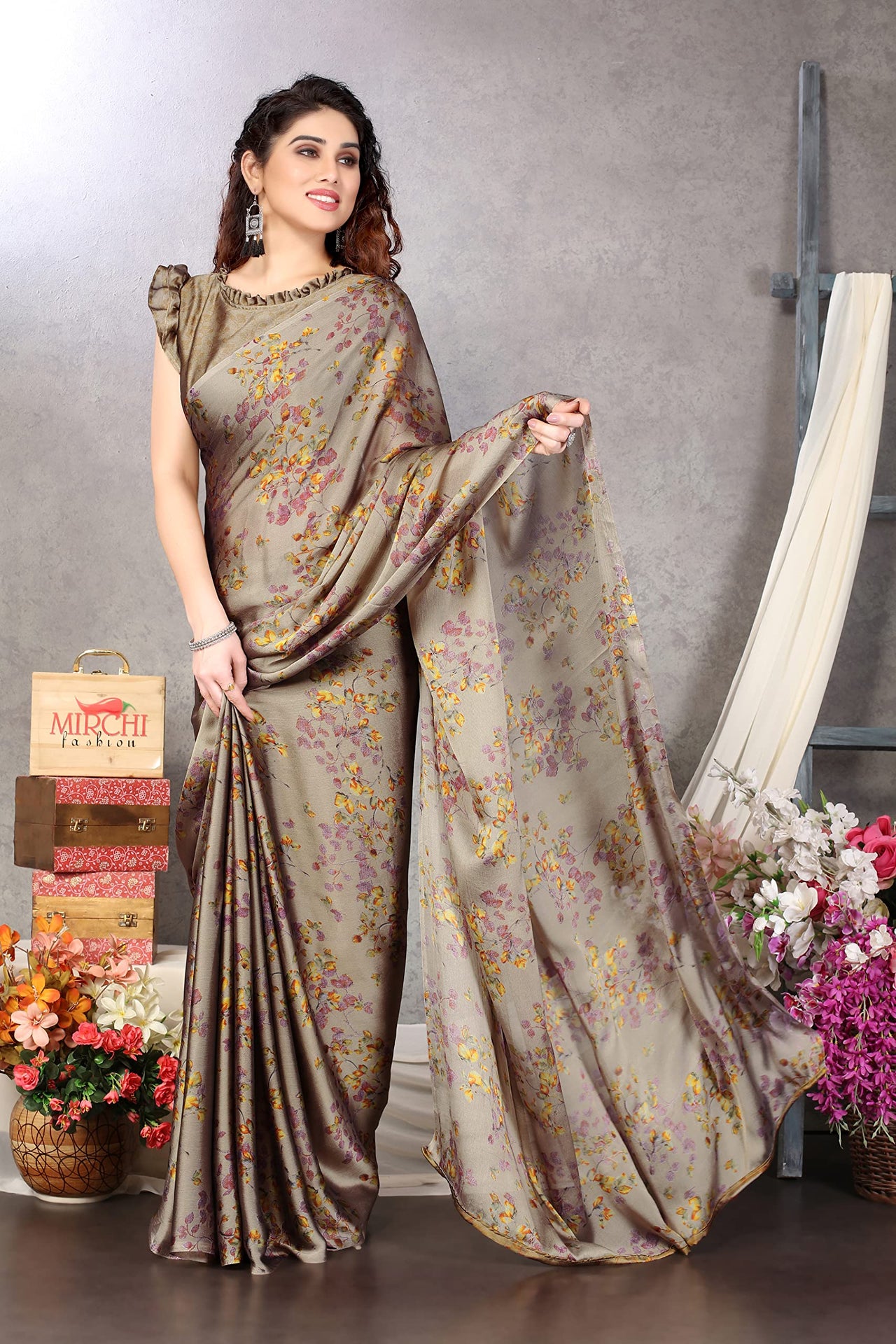 MIRCHI FASHION Women's  Stylish Chiffon Floral Printed Saree with Blouse Piece
