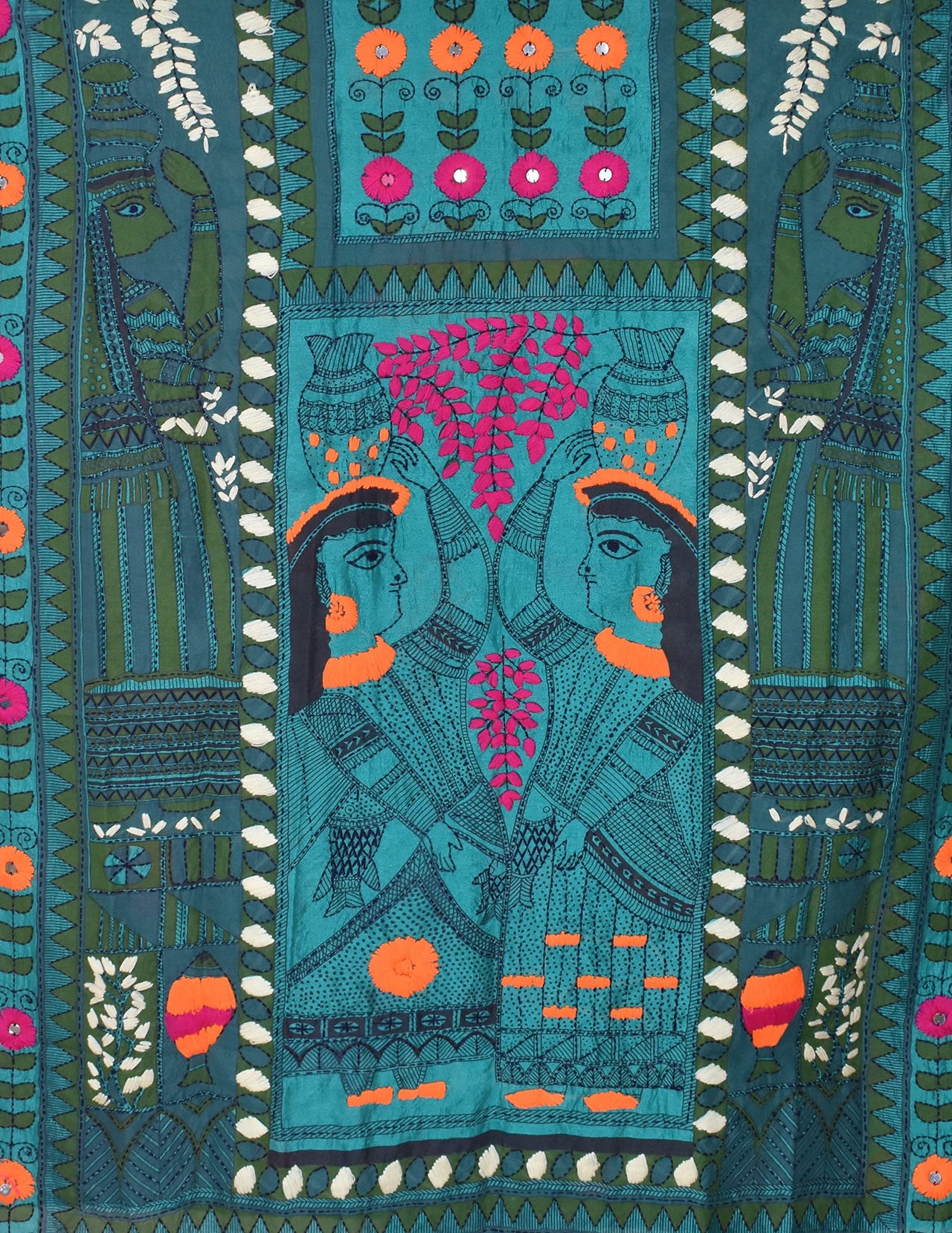 tweedle Chanderi Phulkari/Fulkari Dupatta for Women in Madhubani Kantha Embroidery