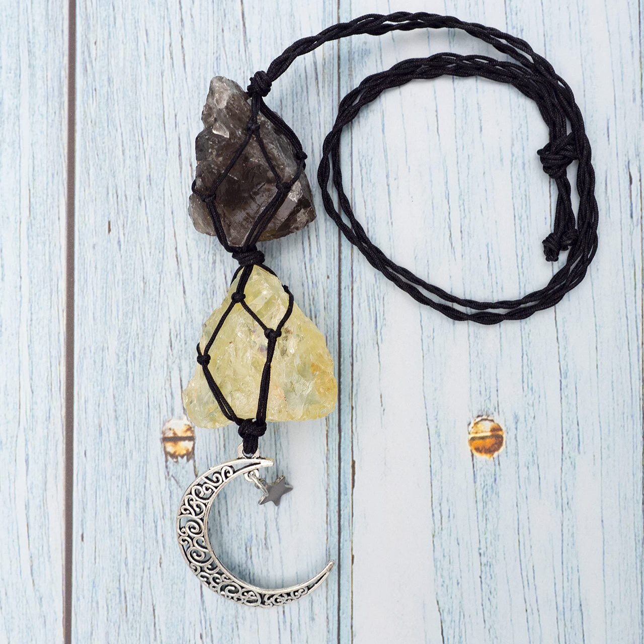 BOHO GARDEN Hanging Car Charm - Smoky Quartz & Citrine - Dangling Moon, Healing Crystal Accessories, Rearview Mirror Decorations ÐGrounding, Cleansing, Protection, Joy, Abundance, Clarity, Energy Smoky Quartz-citrine