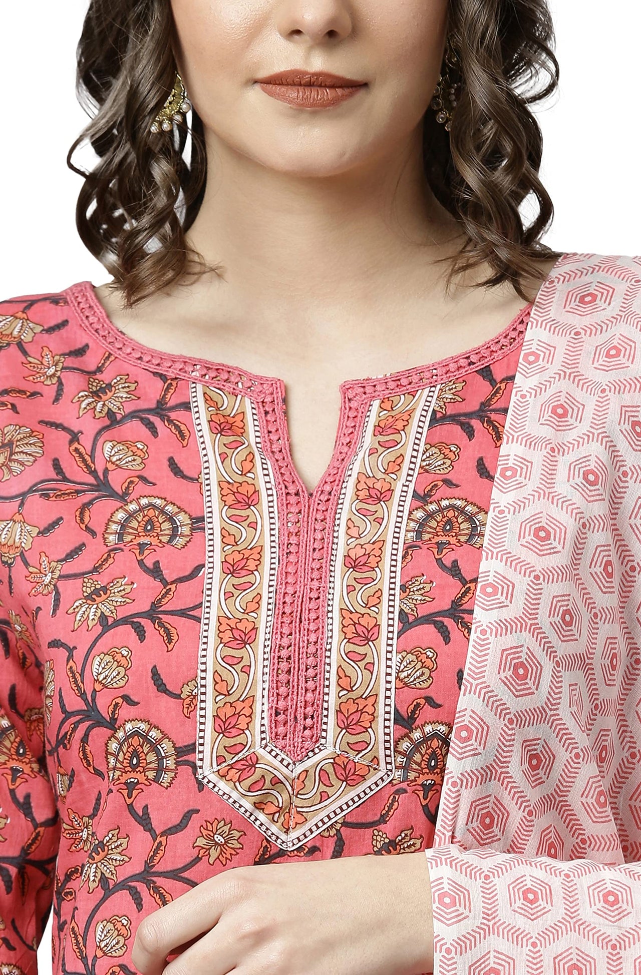 Janasya Women's  Pink Cotton Kurta Set with Pant and Dupatta